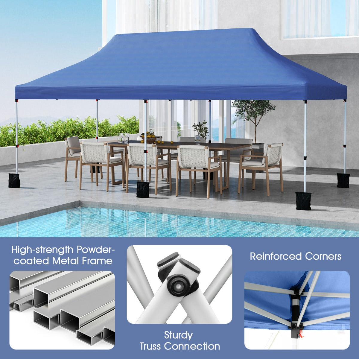 LIVSK Pop-up Paviljoen Tent - Ruimte voor 15-20 Personen - Waterdicht Oxford - Verstelbare Hoogte 296-316 cm - Blauw