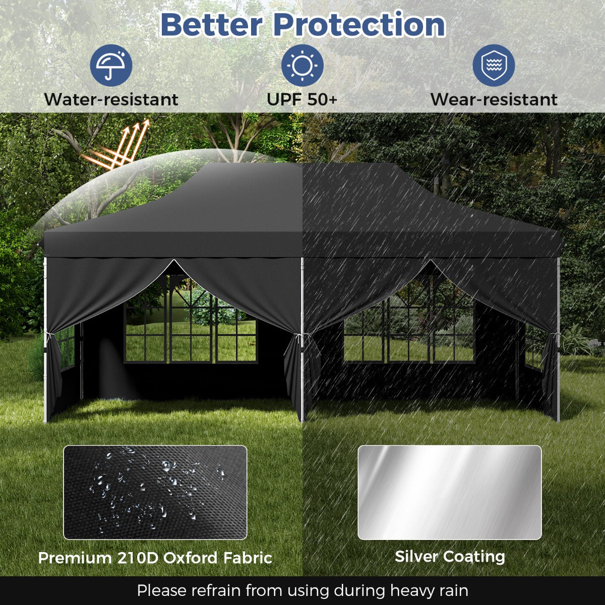 LIVSK Pop-up Partytent 600 x 300 x 296-316 cm - Afneembare Zijwanden - UPF 50+ Bescherming - Draagtas - Zwart