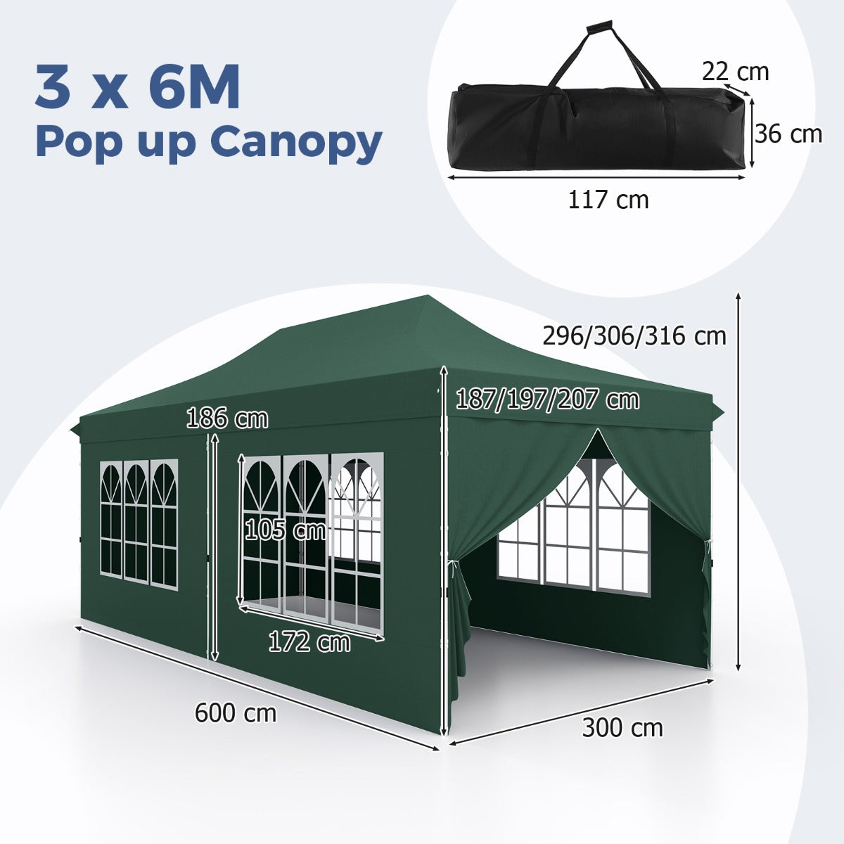 LIVSK Partytent 300 x 600 x 296–316 cm - 6 Afneembare Zijwanden - Pop-up Ontwerp - UV-bescherming - Voor 15-20 Personen - Groen
