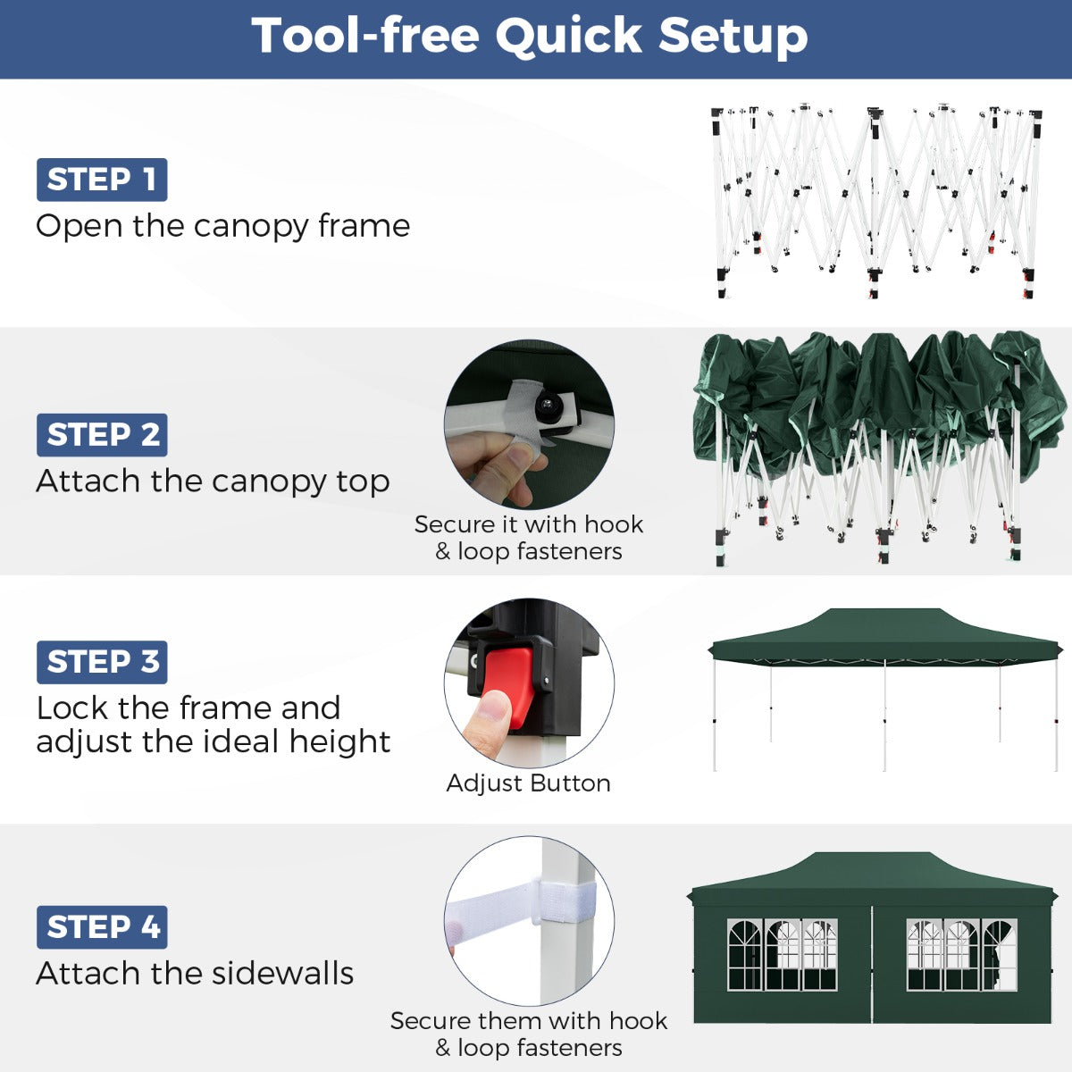 LIVSK Partytent 300 x 600 x 296–316 cm - 6 Afneembare Zijwanden - Pop-up Ontwerp - UV-bescherming - Voor 15-20 Personen - Groen