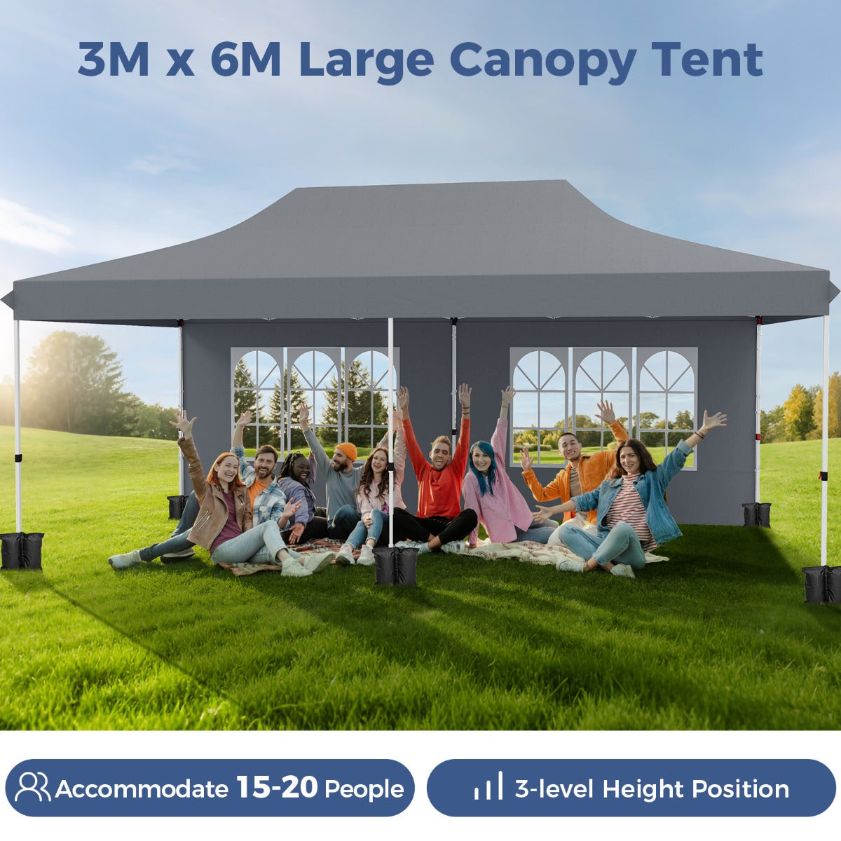 LIVSK Partytent 300 x 600 cm - Pop-up met 6 Afneembare Zijwanden - UV-Bescherming 50+ - Stevig Frame - Voor 15-20 Personen - Grijs