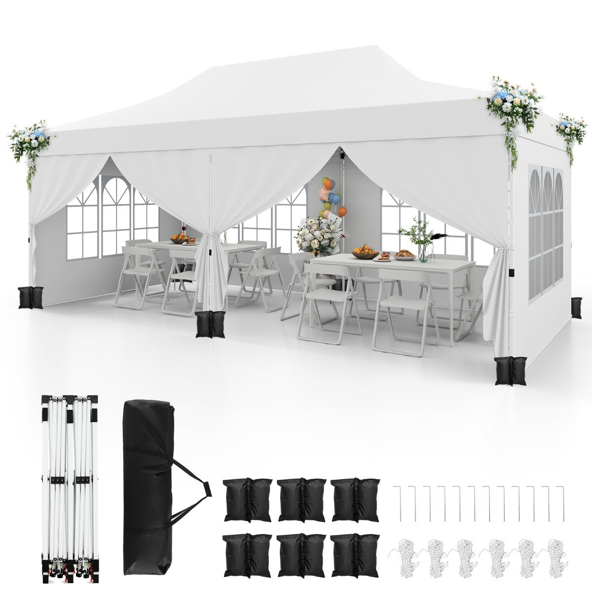 LIVSK Partytent 300 x 600 x 296–316 cm - Afneembare Zijwanden - UV-bescherming 50+ - Pop-up Ontwerp - Voor 15–20 Personen - Wit