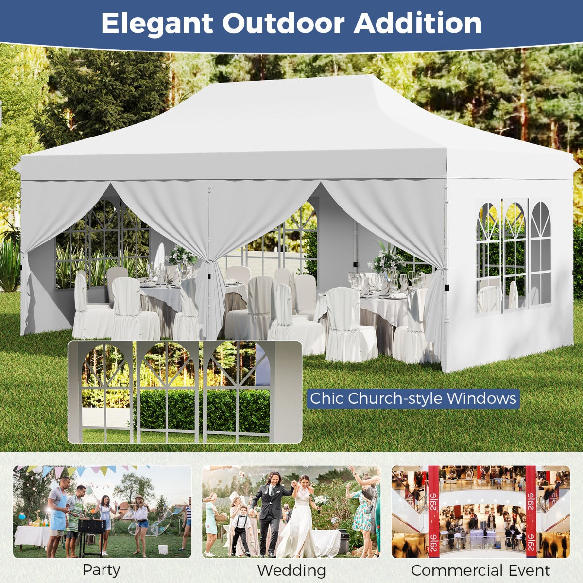 LIVSK Partytent 300 x 600 x 296–316 cm - Afneembare Zijwanden - UV-bescherming 50+ - Pop-up Ontwerp - Voor 15–20 Personen - Wit