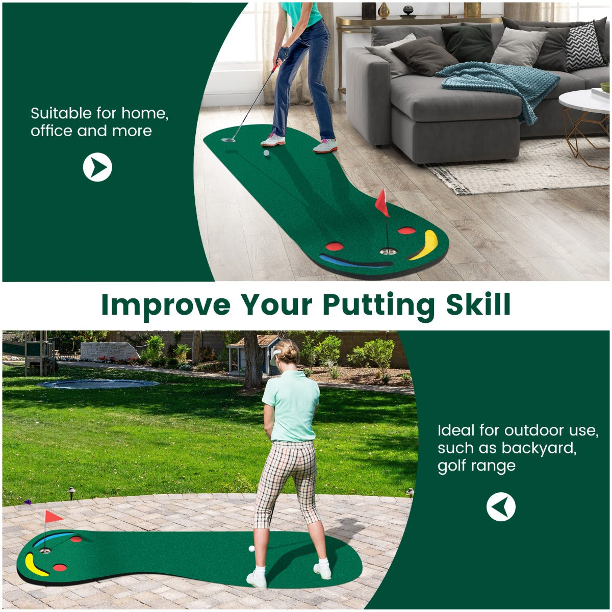 LIVSK Opvouwbare Golfputtingmat - Realistische Putervaring - 3 Putting Cups - Draagbaar - Voor Thuis en Kantoor - Groen