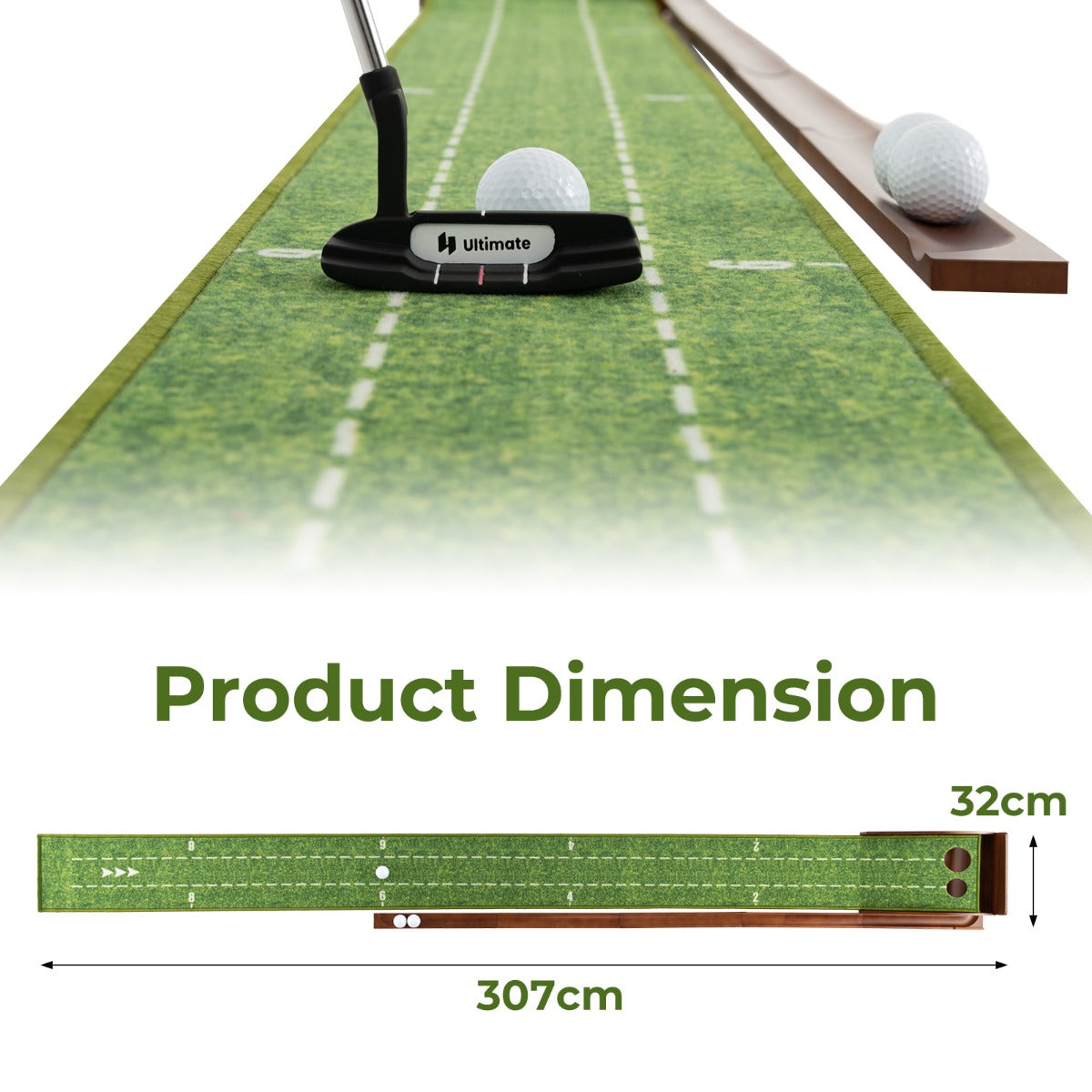 LIVSK Putting Oefenmat met Automatisch Balretoursysteem - Antislip TPR Nylon - 2 Gaten voor Precisietraining - 302 x 32 x 15 cm -