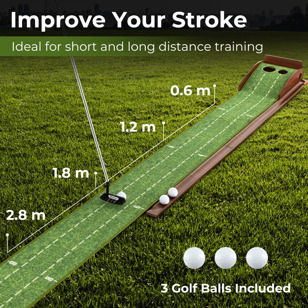 LIVSK Putting Oefenmat met Automatisch Balretoursysteem - Antislip TPR Nylon - 2 Gaten voor Precisietraining - 302 x 32 x 15 cm -