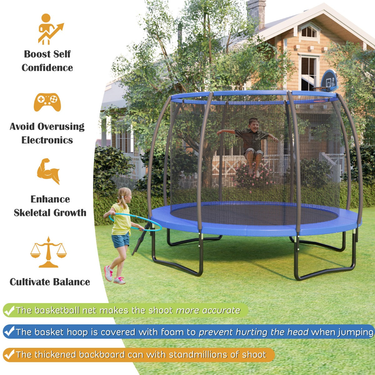 LIVSK Buitentrampoline met Veiligheidsnet en Basketbalring - Hoogwaardige Veren - Duurzaam Stalen Frame - Tot 150 kg - Blauw +