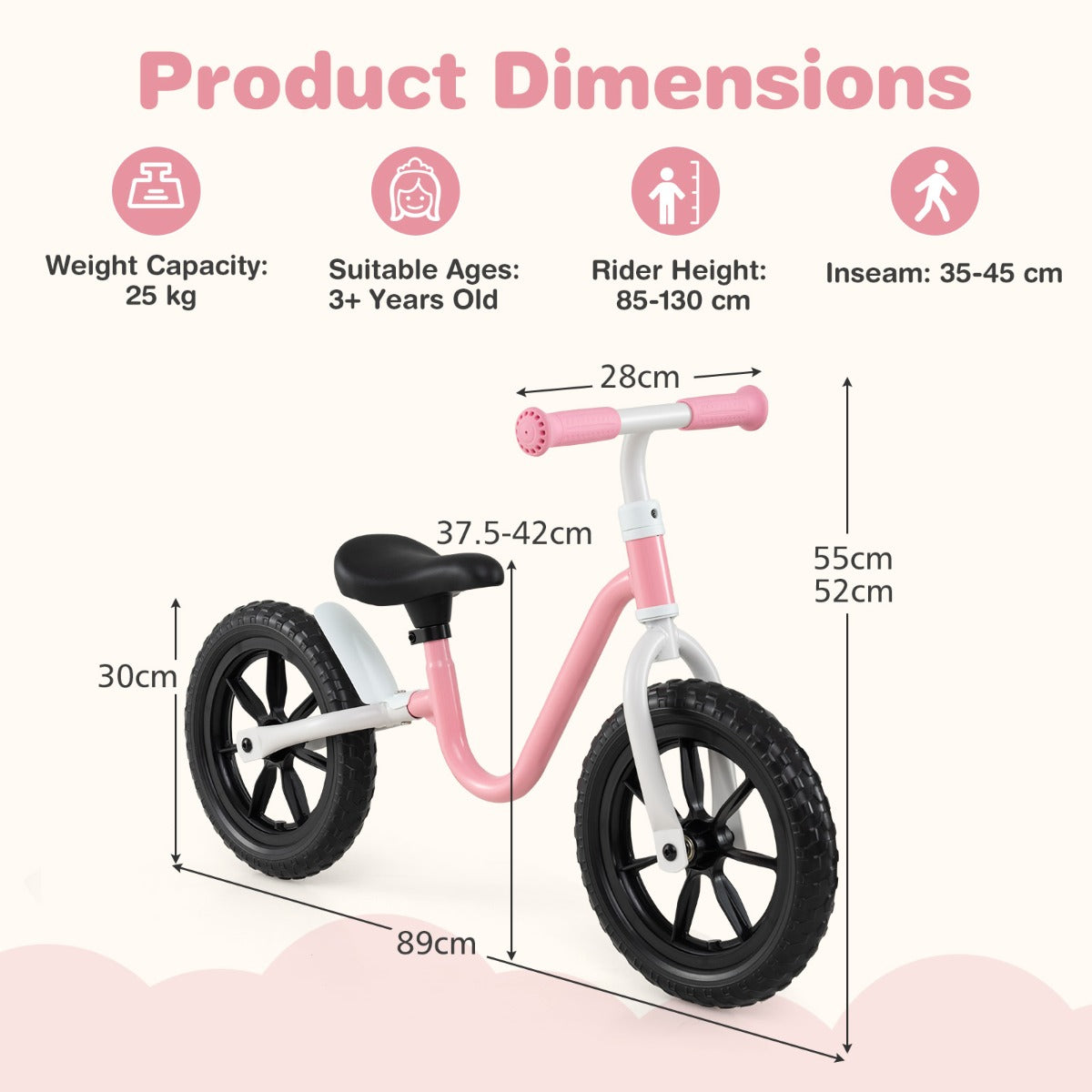 LIVSK Loopfiets - Verstelbaar Stuur en Zadel - 30 cm EVA-wielen - Veiligheidslimiet 80° - Lichtgewicht - Roze