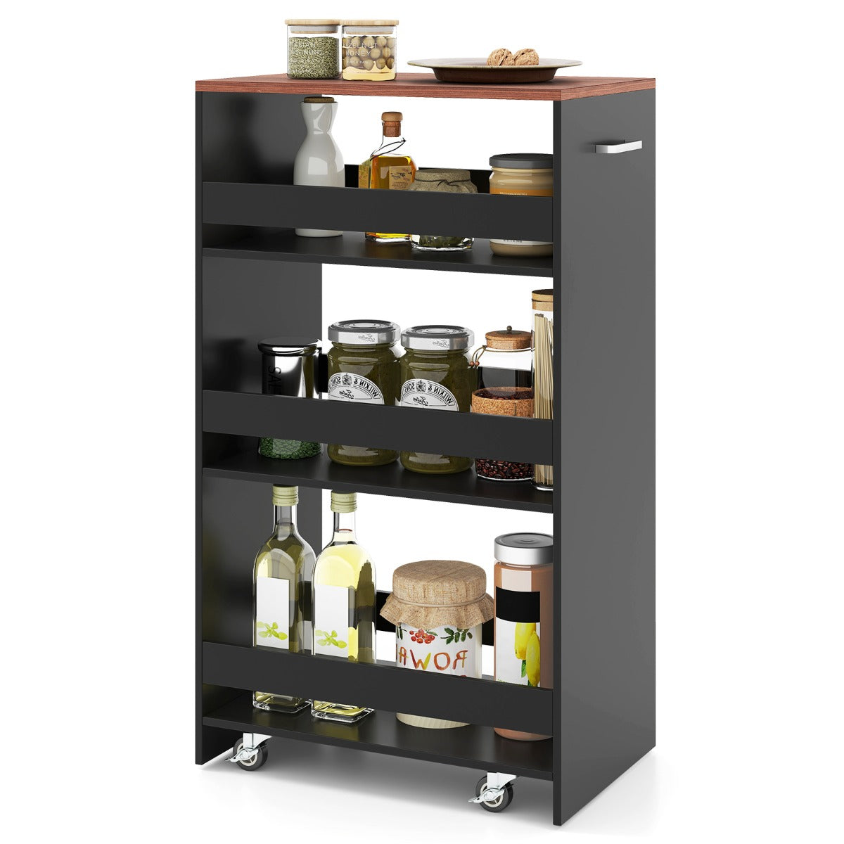 Livsk costway 30cm smalle mobiele serveerwagen met open planken keukenwagen op wielen bruin 1