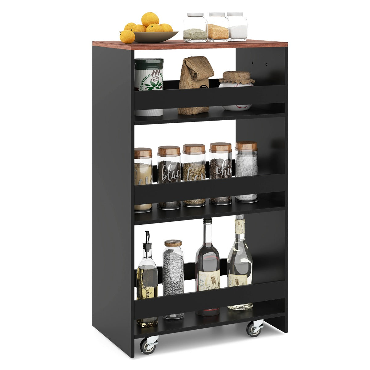 Livsk costway 30cm smalle mobiele serveerwagen met open planken keukenwagen op wielen bruin