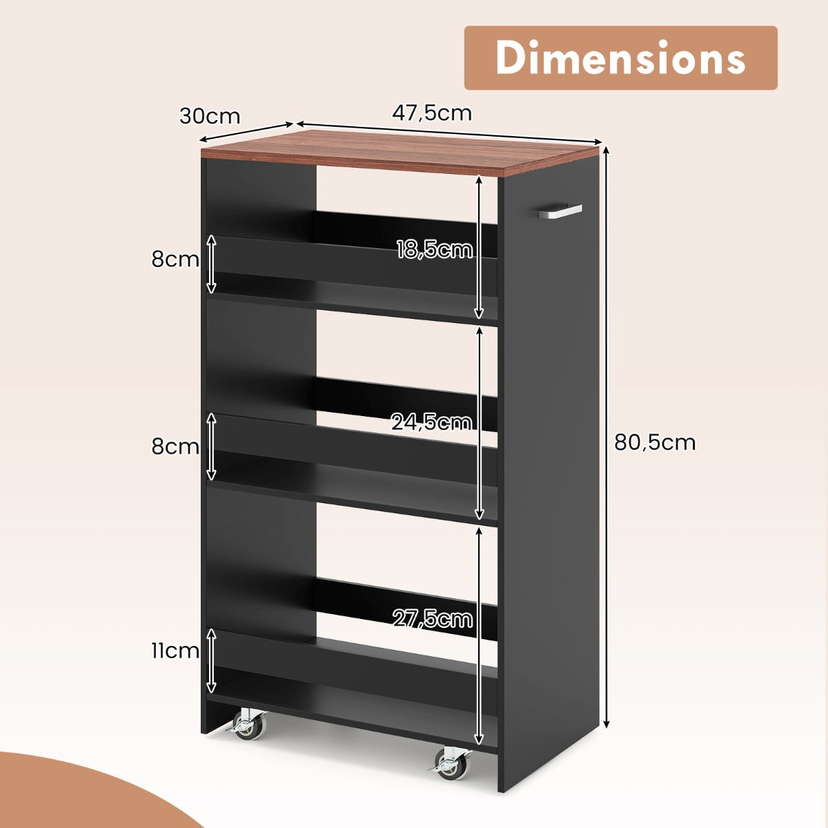 Livsk costway 30cm smalle mobiele serveerwagen met open planken keukenwagen op wielen bruin