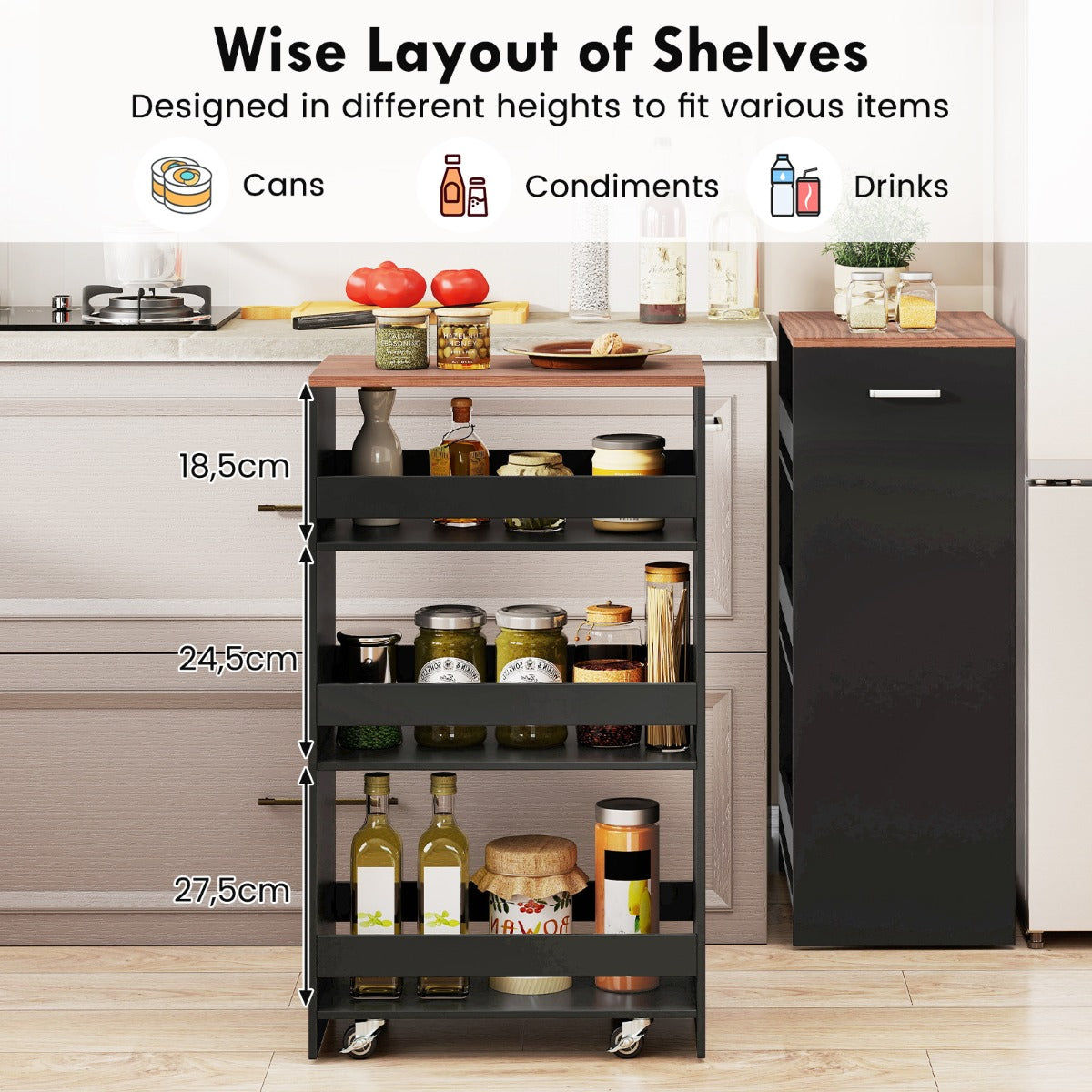 Livsk costway 30cm smalle mobiele serveerwagen met open planken keukenwagen op wielen bruin