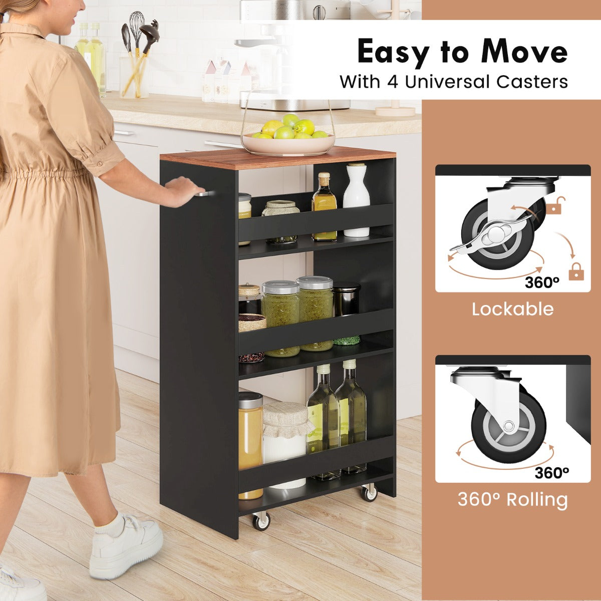 Livsk costway 30cm smalle mobiele serveerwagen met open planken keukenwagen op wielen bruin