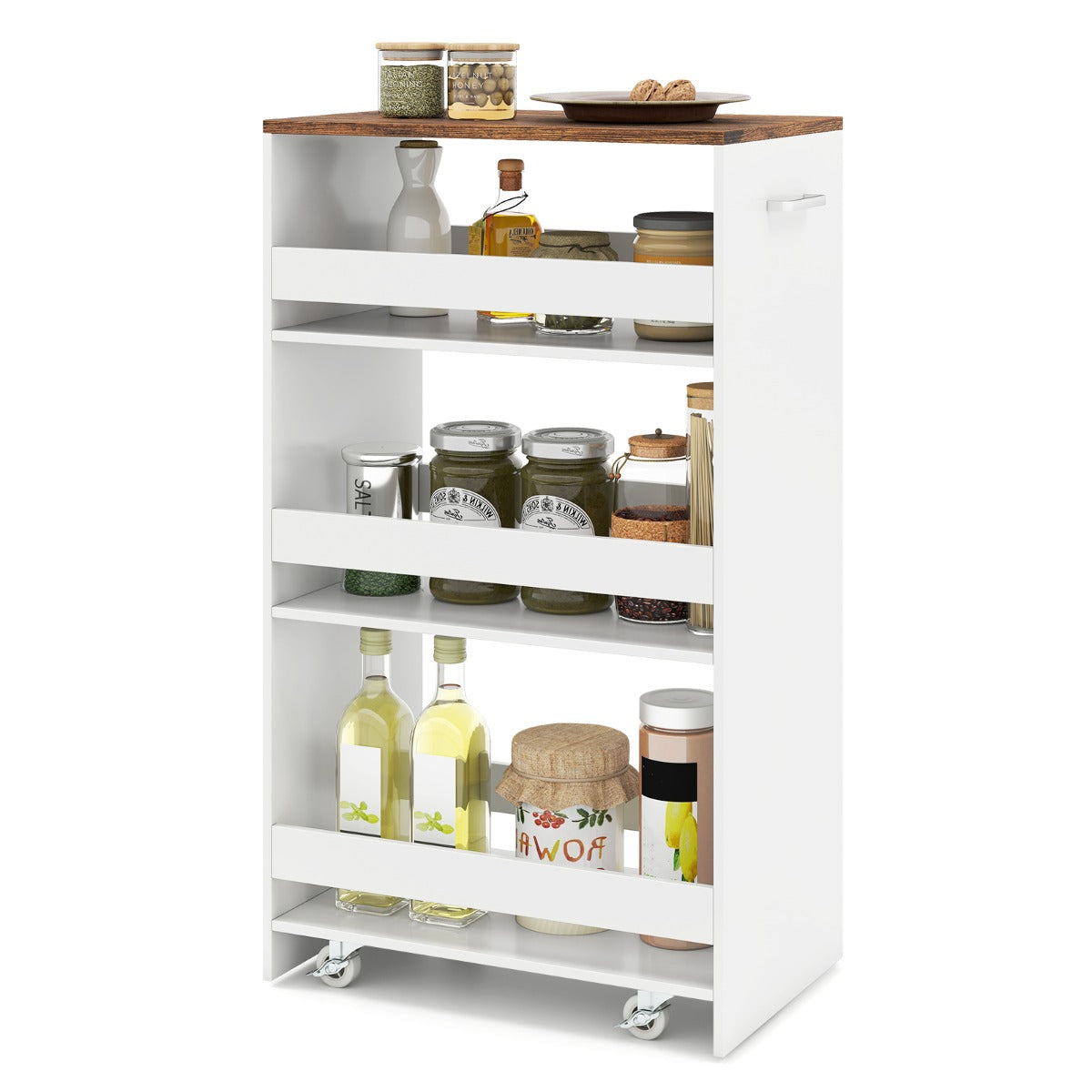 Livsk costway 30cm smalle mobiele serveerwagen met open planken keukenwagen op wielen wit 1