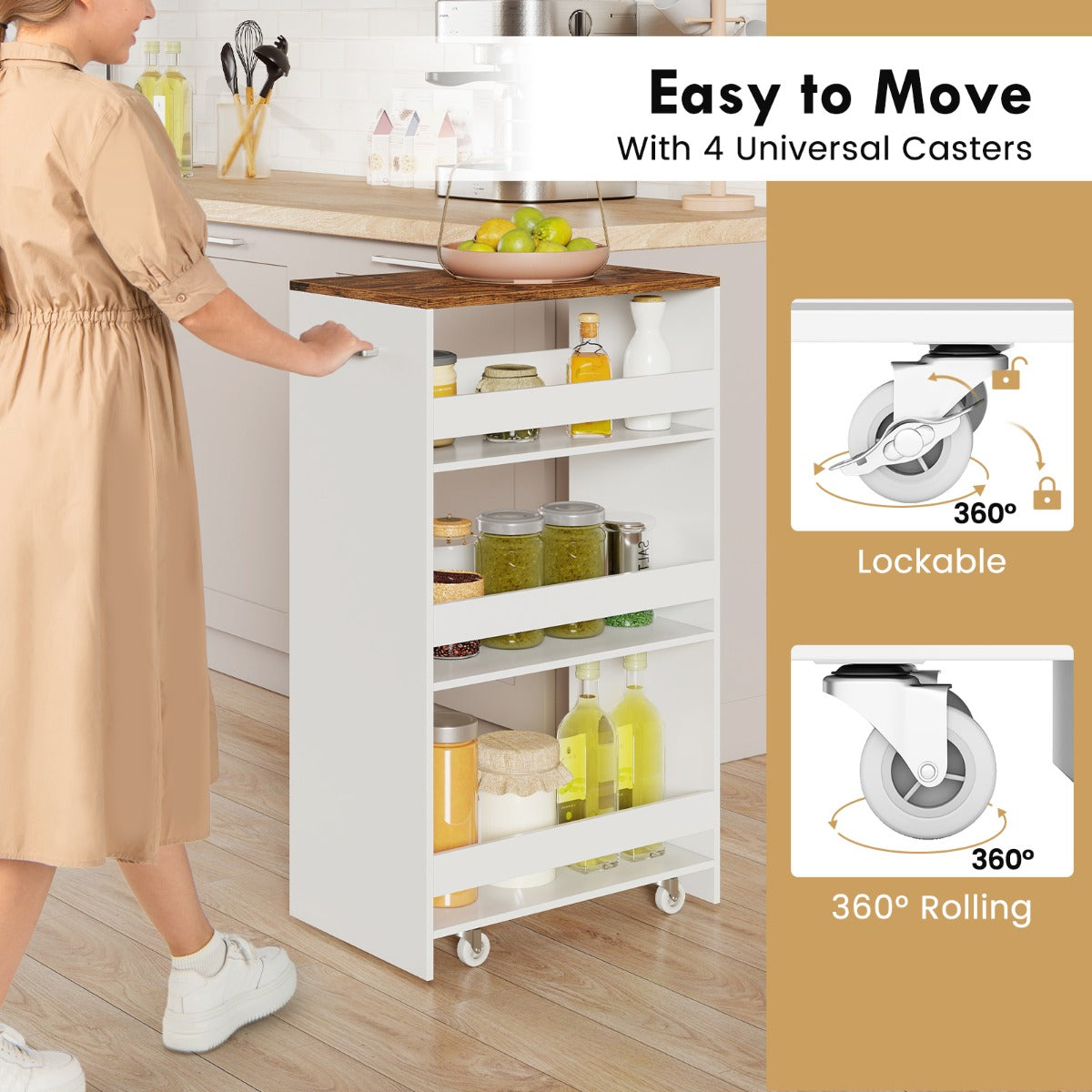 Livsk costway 30cm smalle mobiele serveerwagen met open planken keukenwagen op wielen wit