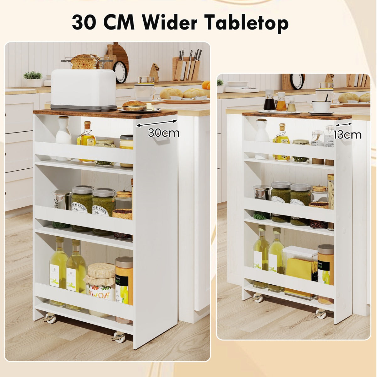 Livsk costway 30cm smalle mobiele serveerwagen met open planken keukenwagen op wielen wit