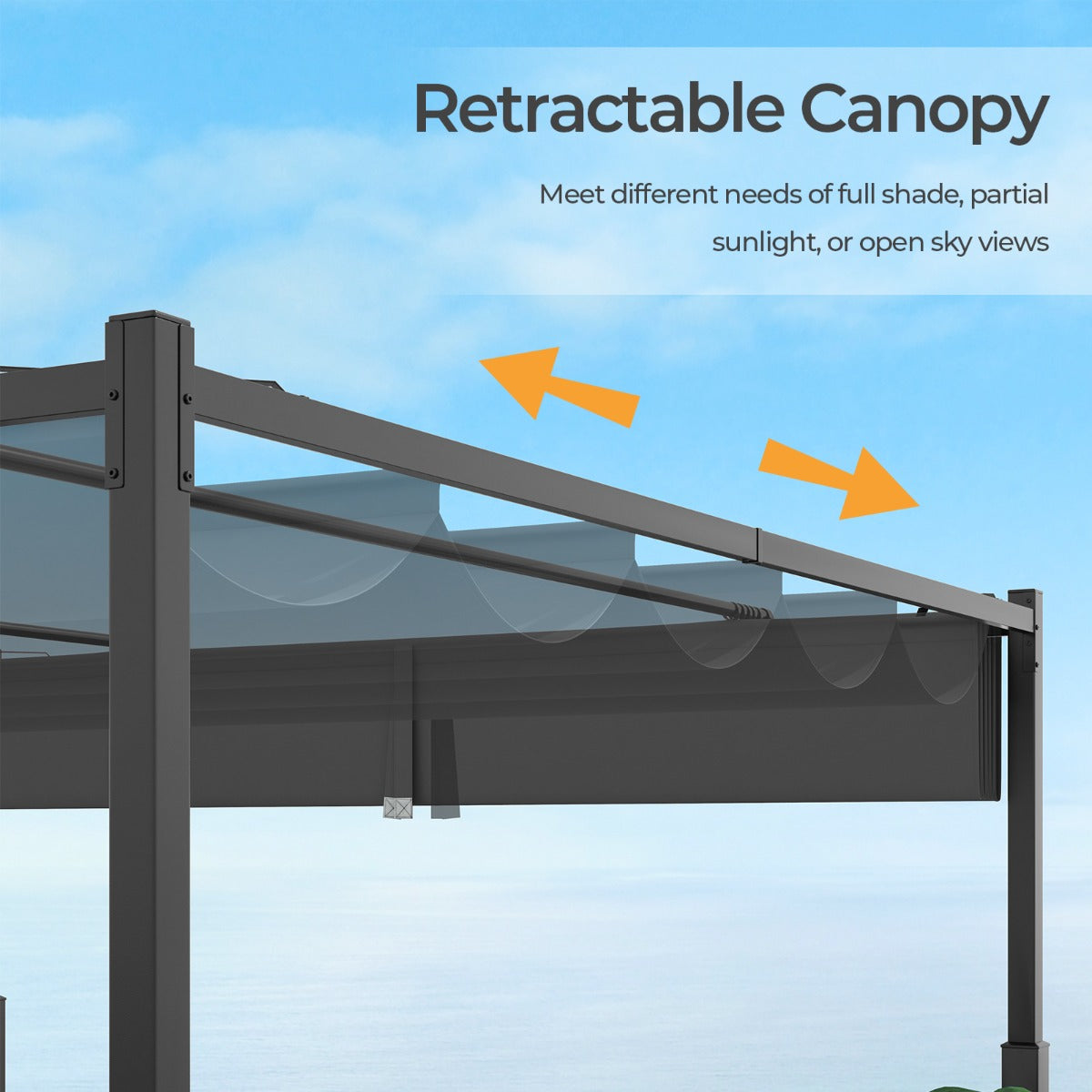 LIVSK Buitenpergola 310 x 310 x 225 cm - Uitschuifbare Luifel - Weerbestendig Polyester - Stevige Constructie - Grijs+Zwart