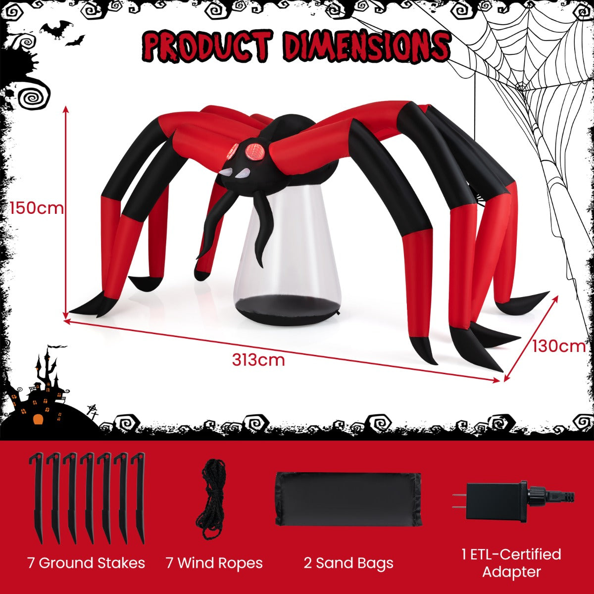 LIVSK Opblaasbare Halloween Spin - Gigantisch 313 cm - LED Verlichting - Inclusief Grondpennen en Touwen - Zwart + Rood