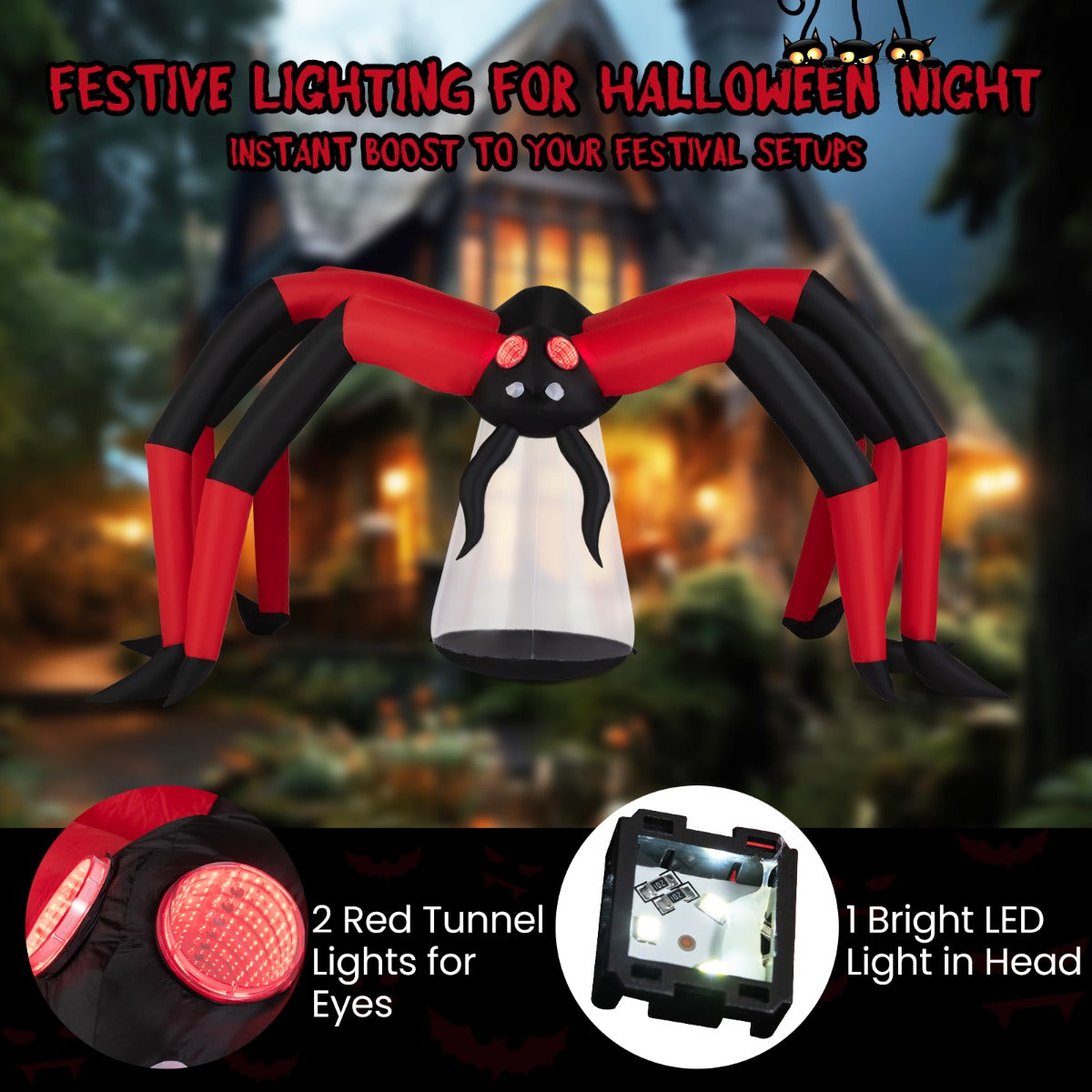 LIVSK Opblaasbare Halloween Spin - Gigantisch 313 cm - LED Verlichting - Inclusief Grondpennen en Touwen - Zwart + Rood