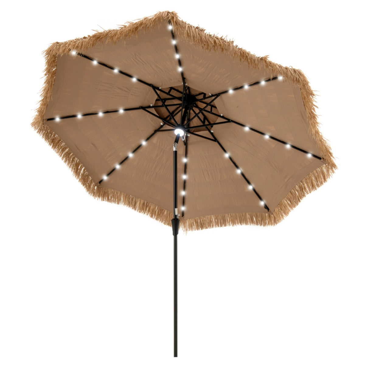 Livsk costway 313 cm terrasparasol met strooien dak strandparasol in hawaiiaanse stijl met centrale naafverlichting parasol voor tuin