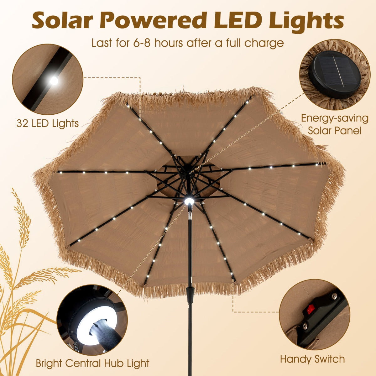 Livsk costway 313 cm terrasparasol met strooien dak strandparasol in hawaiiaanse stijl met centrale naafverlichting parasol voor tuin