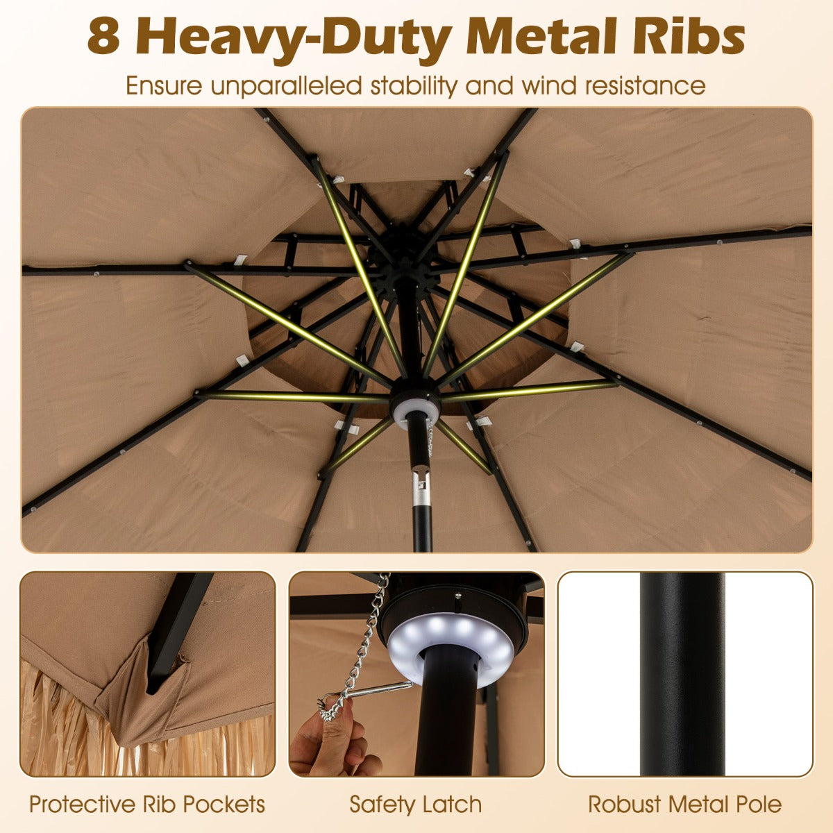 Livsk costway 313 cm terrasparasol met strooien dak strandparasol in hawaiiaanse stijl met centrale naafverlichting parasol voor tuin
