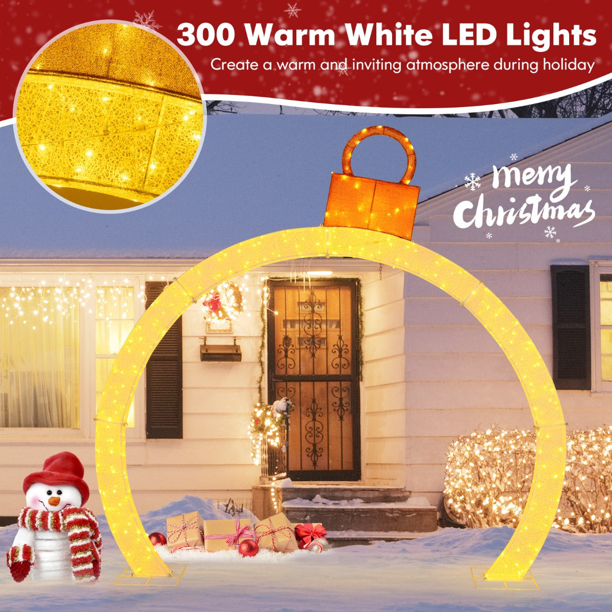 LIVSK Voorverlichte Kerstboog - 300 Warmwitte LED-lampjes - Weerbestendig - Inclusief 40 Kabelbinders en 8 Grondpennen - 314 x 60