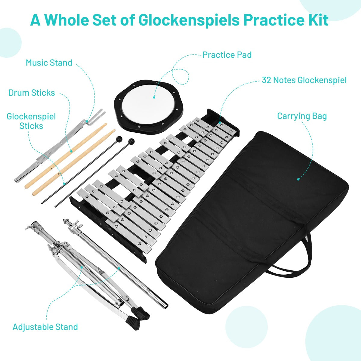 Livsk costway 32 noten xylofoon opvouwbaar slaginstrument met verstelbare standaard muziekstandaard 20 cm oefenschijf belhamers houten mallets 5