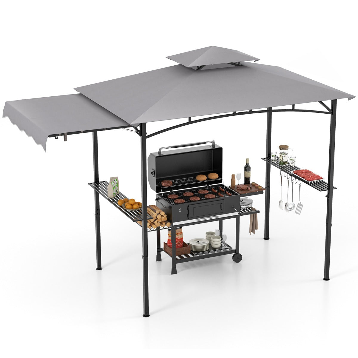LIVSK Barbecuepaviljoen met Zijluifel - Dubbel Dakontwerp - Waterbestendig - Extra Opbergruimte - 326 x 153 x 250 cm - Grijs+Zwart