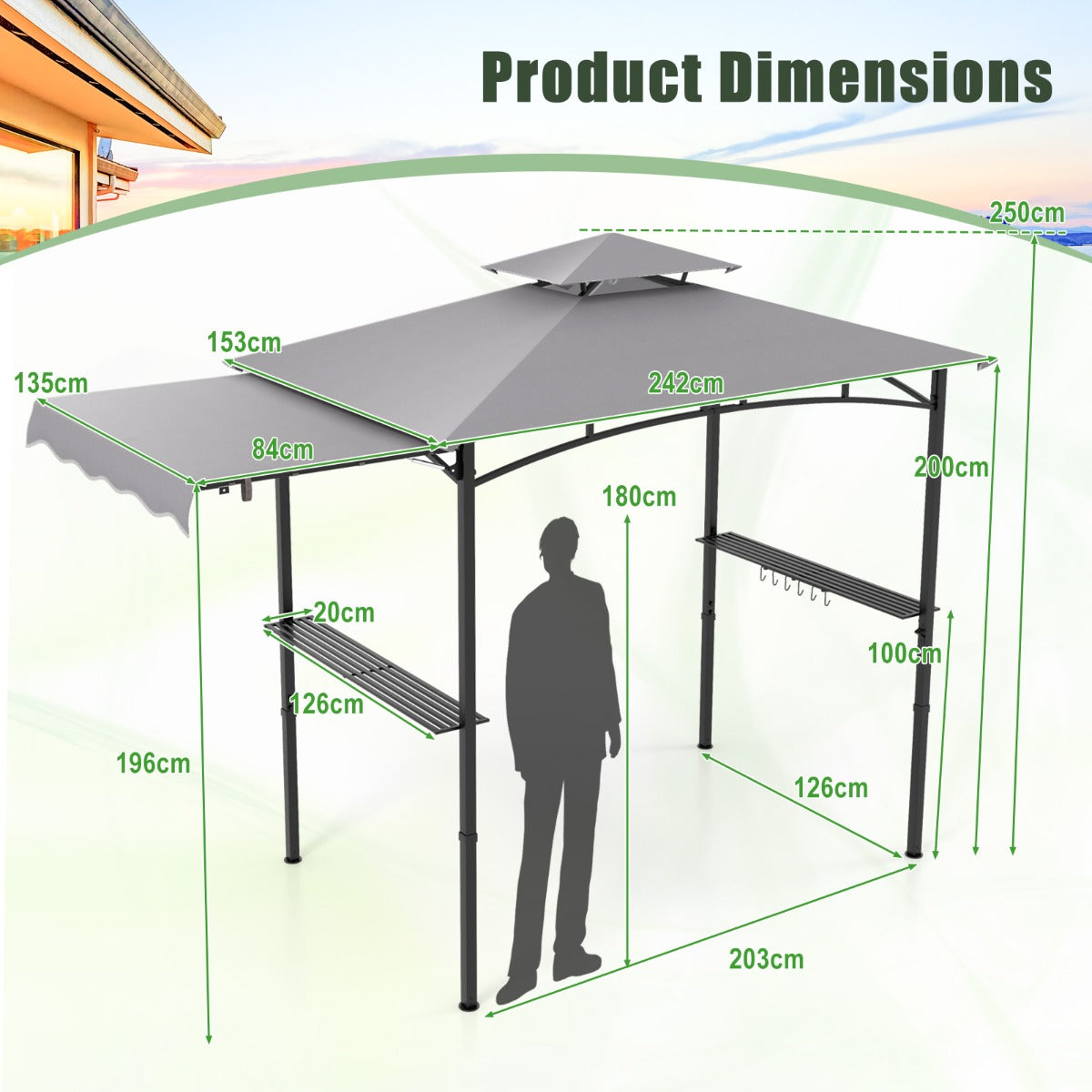 LIVSK Barbecuepaviljoen met Zijluifel - Dubbel Dakontwerp - Waterbestendig - Extra Opbergruimte - 326 x 153 x 250 cm - Grijs+Zwart