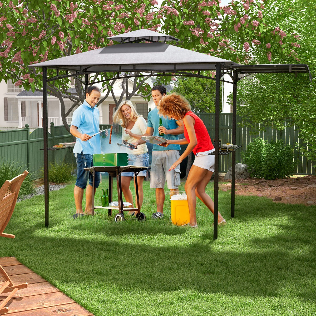 LIVSK Barbecuepaviljoen met Zijluifel - Dubbel Dakontwerp - Waterbestendig - Extra Opbergruimte - 326 x 153 x 250 cm - Grijs+Zwart