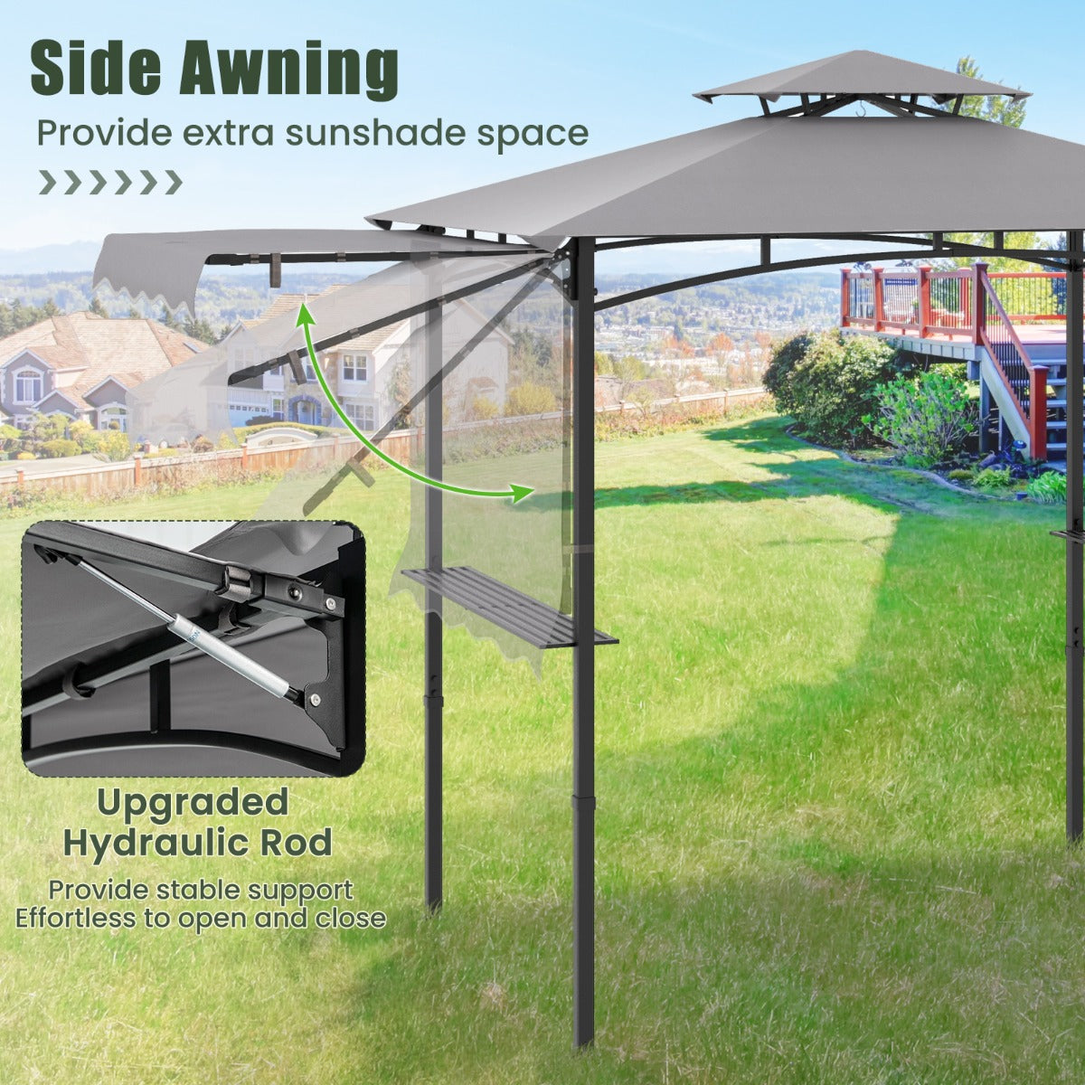 LIVSK Barbecuepaviljoen met Zijluifel - Dubbel Dakontwerp - Waterbestendig - Extra Opbergruimte - 326 x 153 x 250 cm - Grijs+Zwart
