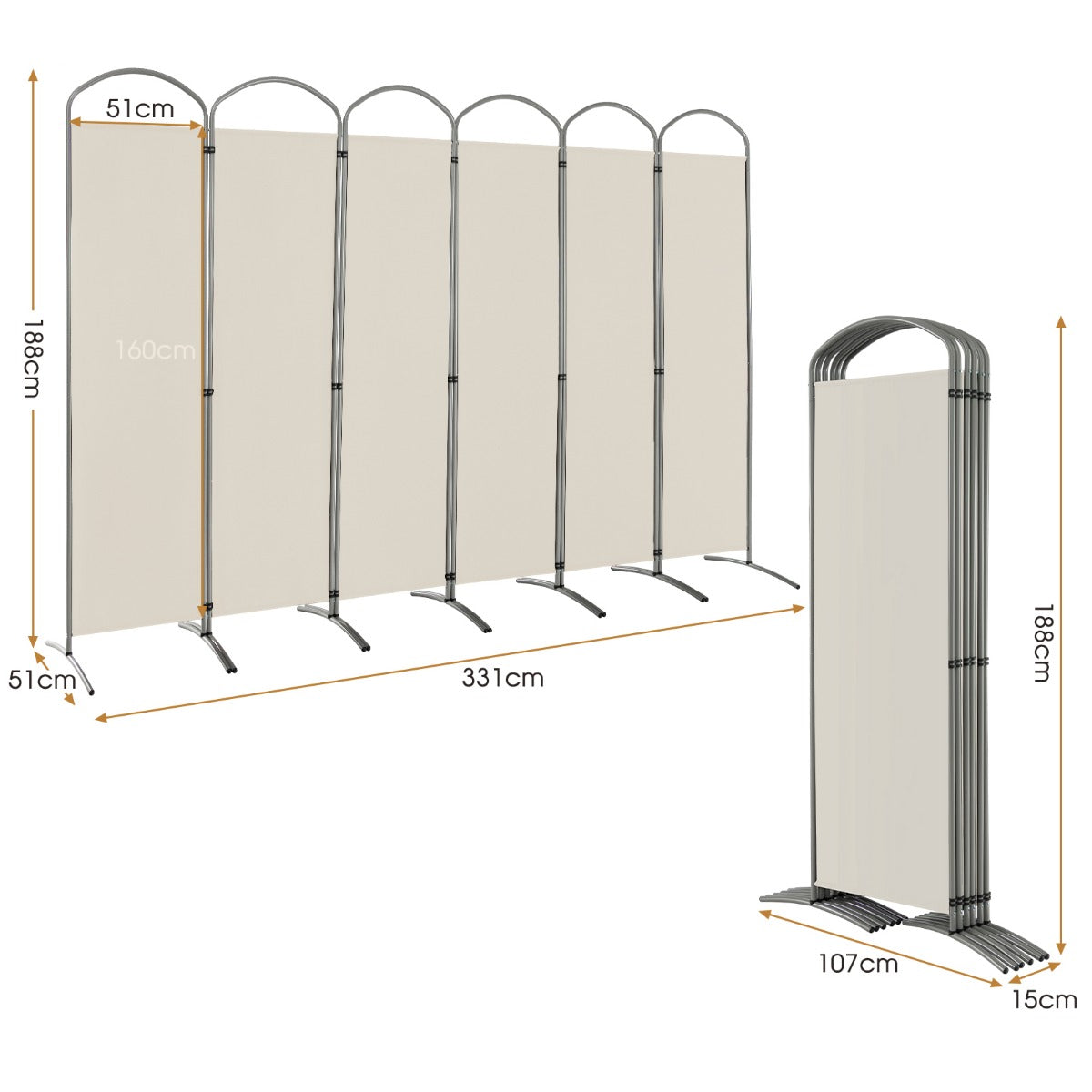 LIVSK Ruimteverdeler - Opvouwbaar met 6 Panelen - Flexibel Ontwerp - Duurzaam Metaal en Polyester - 331 x 188 cm - Beige