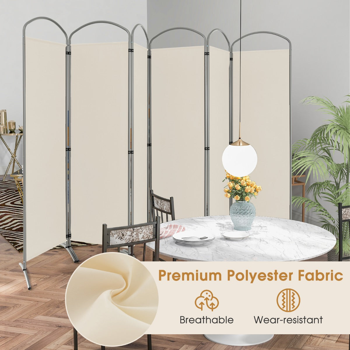 LIVSK Ruimteverdeler - Opvouwbaar met 6 Panelen - Flexibel Ontwerp - Duurzaam Metaal en Polyester - 331 x 188 cm - Beige