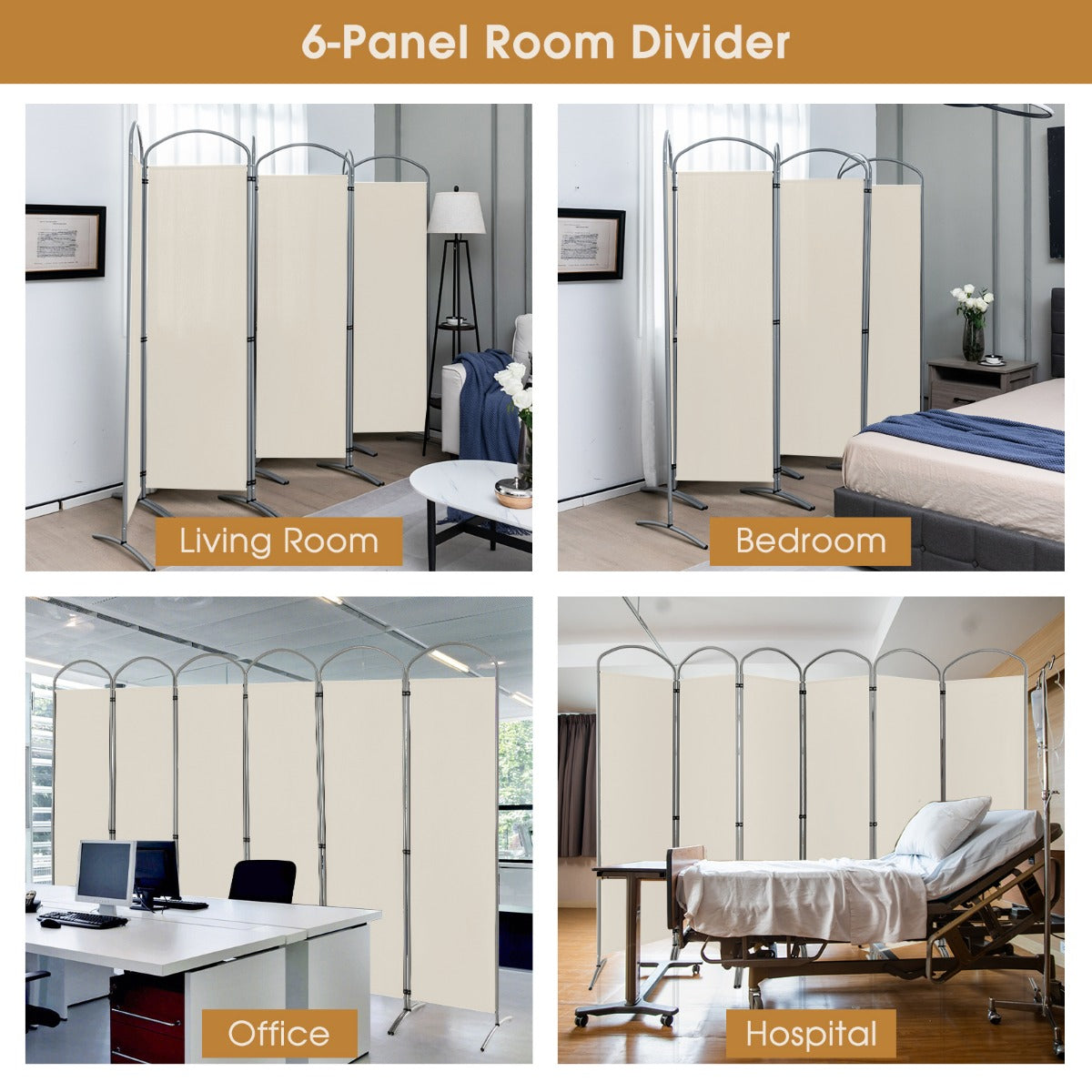 LIVSK Ruimteverdeler - Opvouwbaar met 6 Panelen - Flexibel Ontwerp - Duurzaam Metaal en Polyester - 331 x 188 cm - Beige