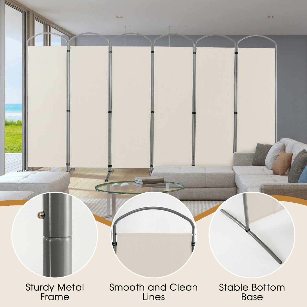 LIVSK Ruimteverdeler - Opvouwbaar met 6 Panelen - Flexibel Ontwerp - Duurzaam Metaal en Polyester - 331 x 188 cm - Beige