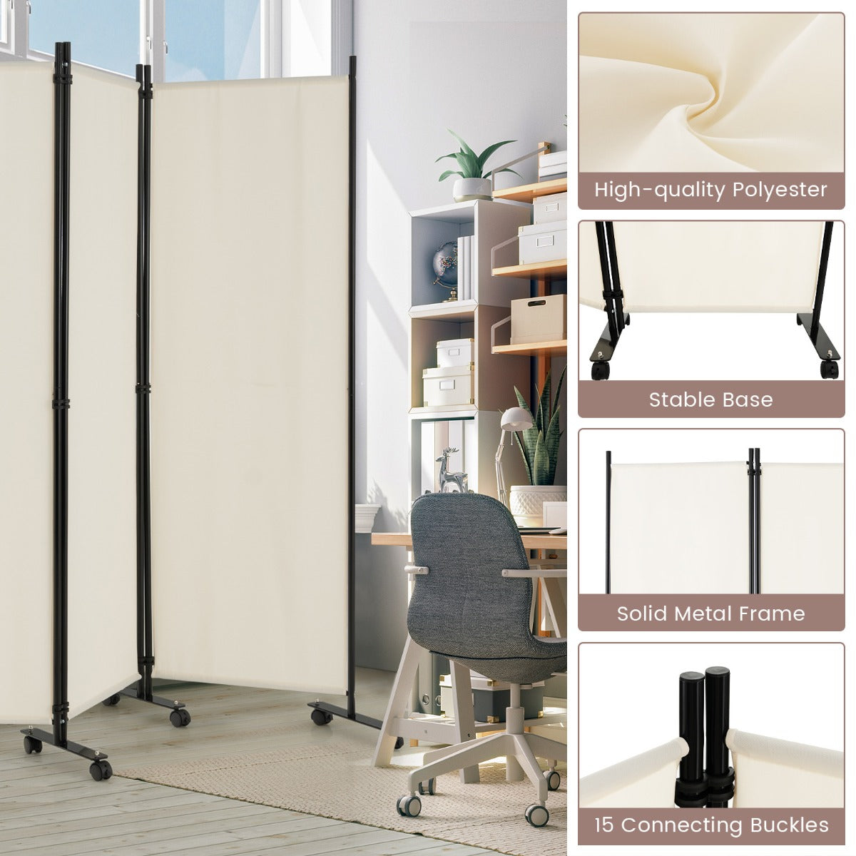 LIVSK Scheidingswand op Wieltjes - 6 Panelen - Flexibel en Inklapbaar - Hoogwaardig Polyester en Metaal - 334,5 x 30 x 172 cm -