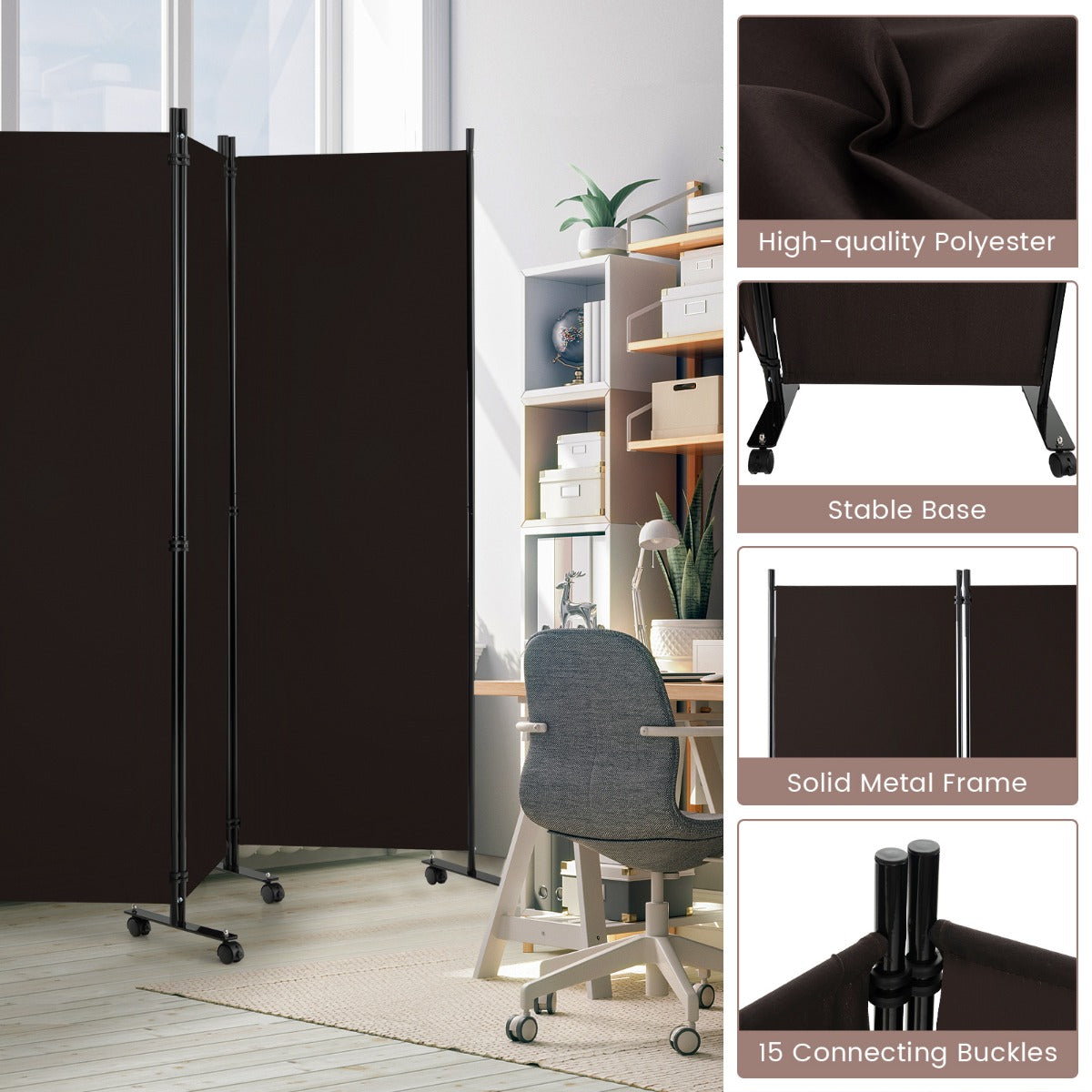 LIVSK Kamerscherm met 6 Panelen - Opvouwbaar - Inkijkbescherming - Vergrendelbare Wielen - 334,5 x 30 x 172 cm - Koffie