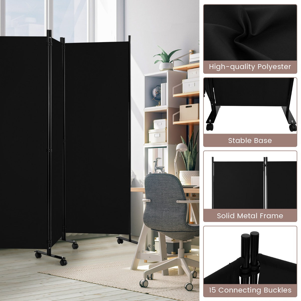 LIVSK Kamerscherm op Wieltjes - 6 Flexibele Panelen - Duurzaam Polyester - Vergrendelbare Wielen - Voor Privacy - Zwart