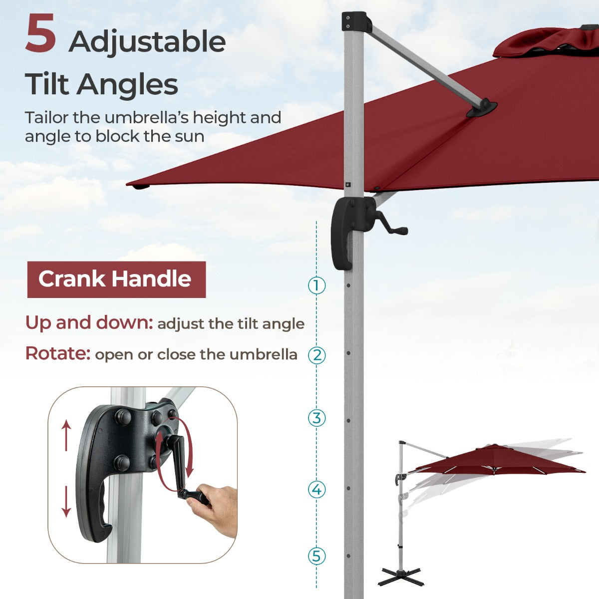 LIVSK Buitenparasol - 360° Draaiing - 5 Verstelbare Kantelhoeken - Hoogwaardige Polyester - 339 cm - Rood