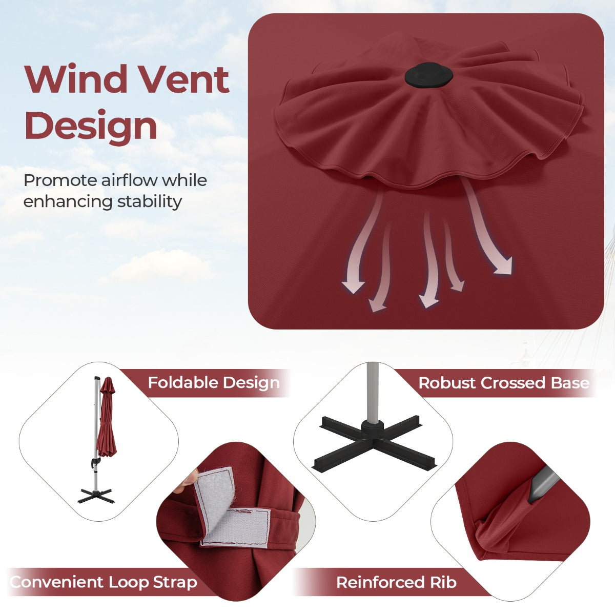 LIVSK Buitenparasol - 360° Draaiing - 5 Verstelbare Kantelhoeken - Hoogwaardige Polyester - 339 cm - Rood