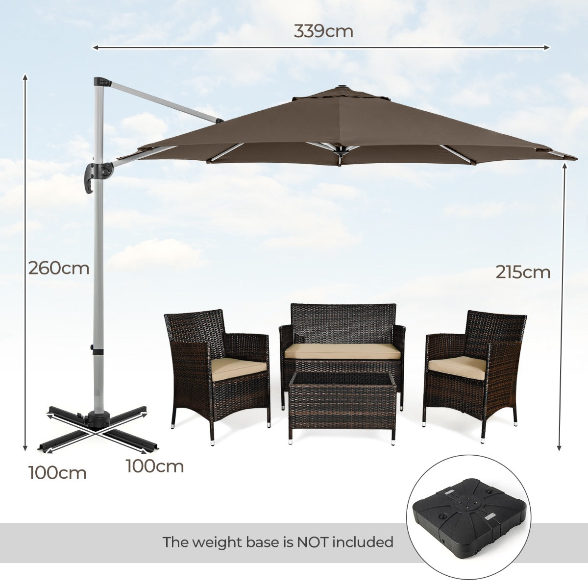 LIVSK Zweefparasol - 360° Rotatie - Verstelbare Kanteling - Duurzaam Polyester - 339 x 260 cm - Bruin