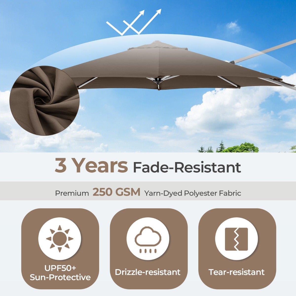 LIVSK Zweefparasol - 360° Rotatie - Verstelbare Kanteling - Duurzaam Polyester - 339 x 260 cm - Bruin