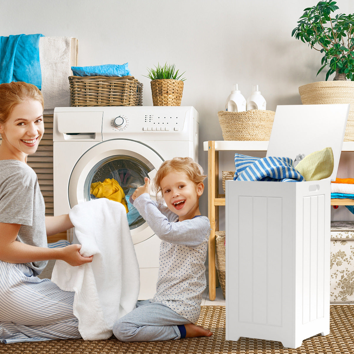 LIVSK Vrijstaande Wasserijkast - Stevig MDF - 20 kg Draagvermogen - Scharnierend Deksel - Compact Ontwerp - Wit