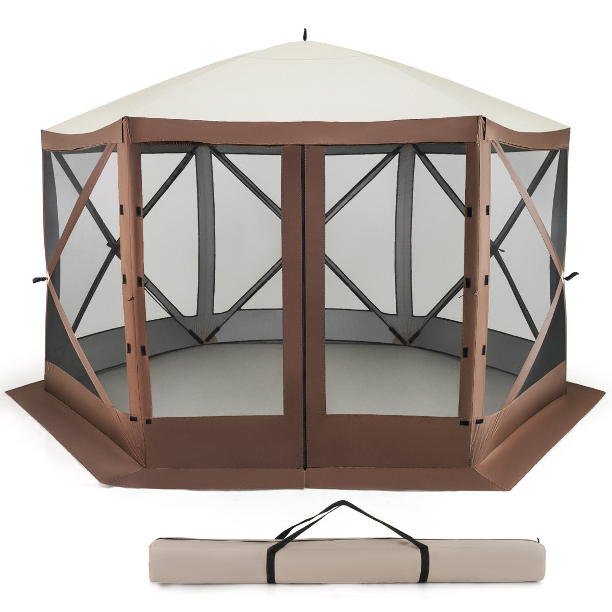 LIVSK Gazebo met Gaaswanden en Afneembare Zijpanelen - Voor 8 tot 10 Personen - Eenvoudige Montage - Koffie