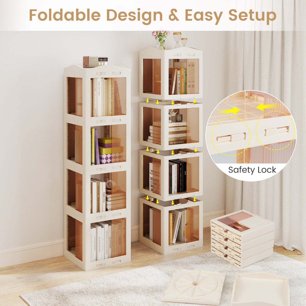Livsk costway 360 draaibare boekenkast 4 laags verticale rekken met transparante panelen en draaibare voet wit 3 1