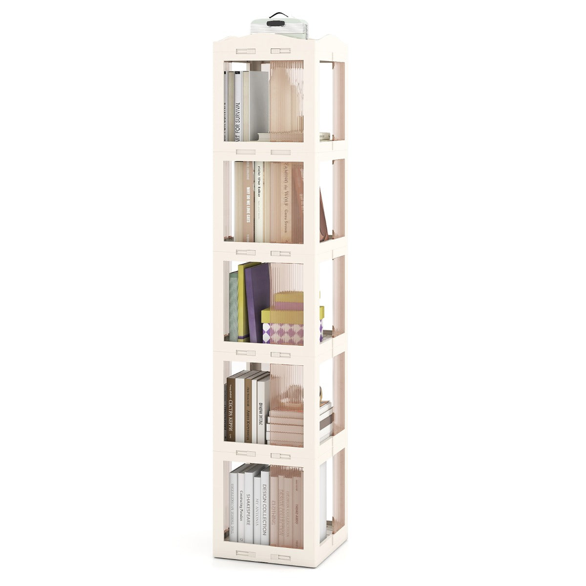 Livsk costway 360 draaibare boekenkast 5 laags verticale rekken met transparante panelen en draaibare voet wit