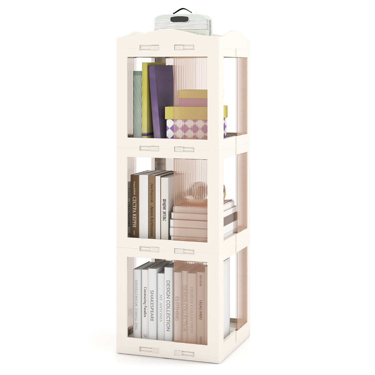 Livsk costway 360 draaibare boekenkast verticale rekken met 3 niveaus transparante panelen en draaibare voet wit