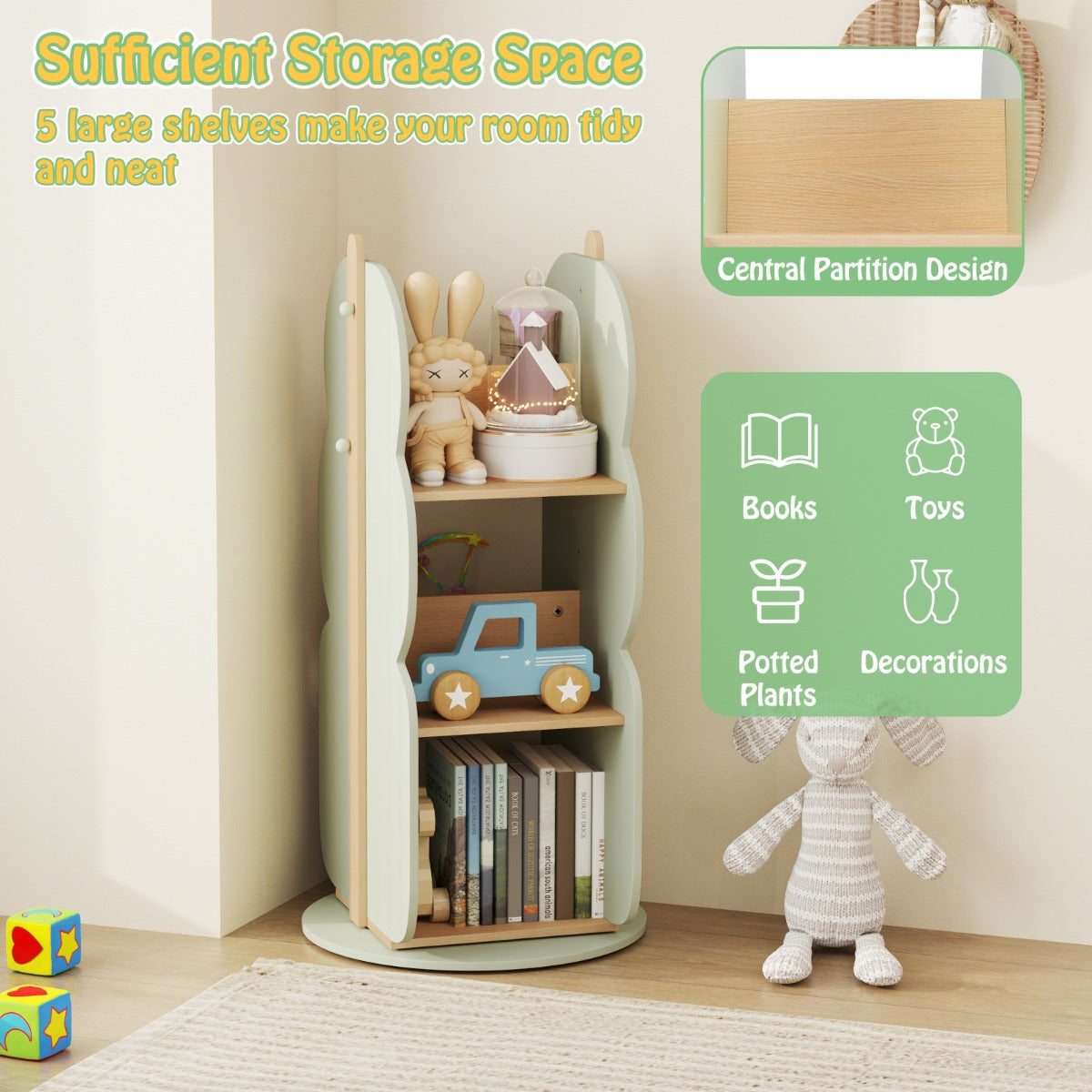 LIVSK Kinderboekenkast - 360° Draaibaar - Veilig en Stevig - Kindvriendelijke Hoogte van 90 cm - 5 Open Planken - Groen