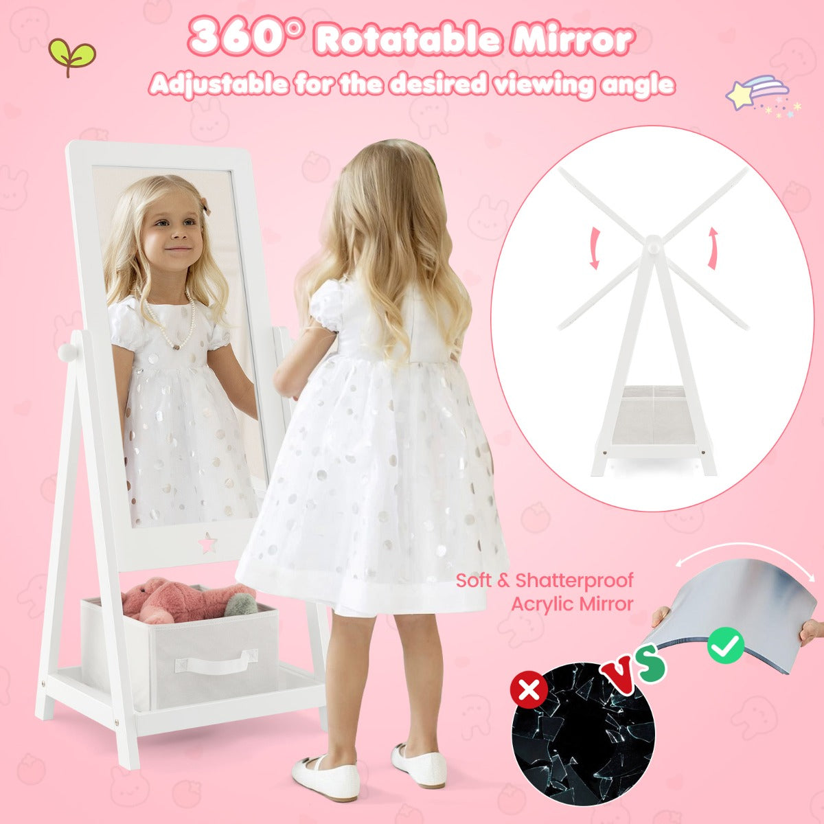 LIVSK Kinderspiegel met Opbergruimte - 360° Draaibaar - 2 Zijhaken - Stabiel Ontwerp - Wit